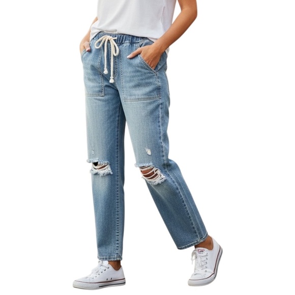Denim - Paperbag Mid Rise Jeans Medium Wash Drawstring Pockets Size M Unbranded Denim